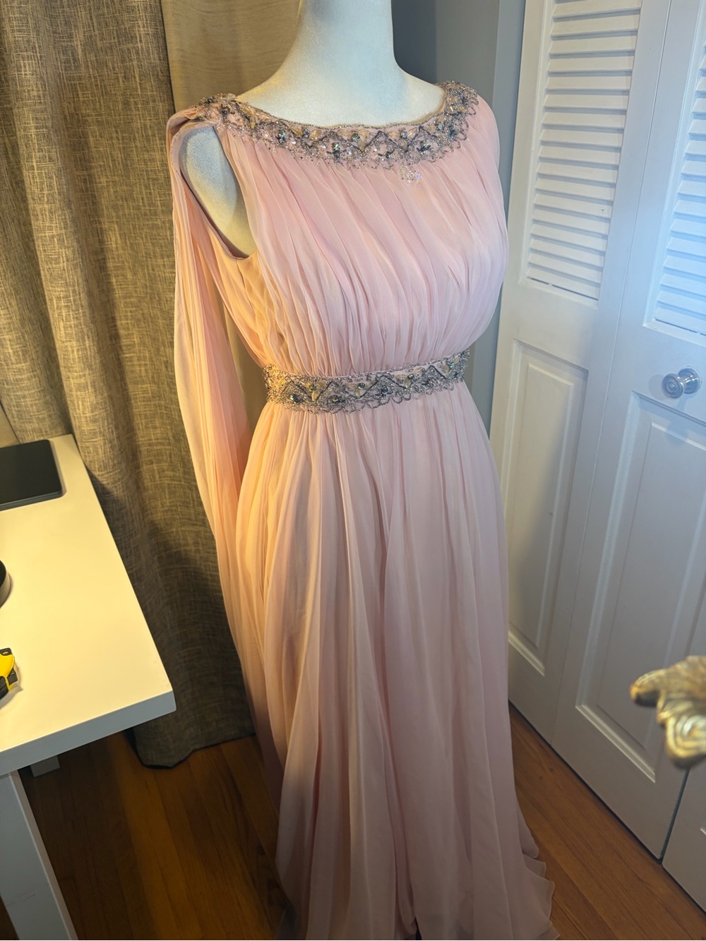 Union Made Vintage One-Shoulder Pale Pink Chiffon Gown with Beaded Embellishment - Picture 3 of 14